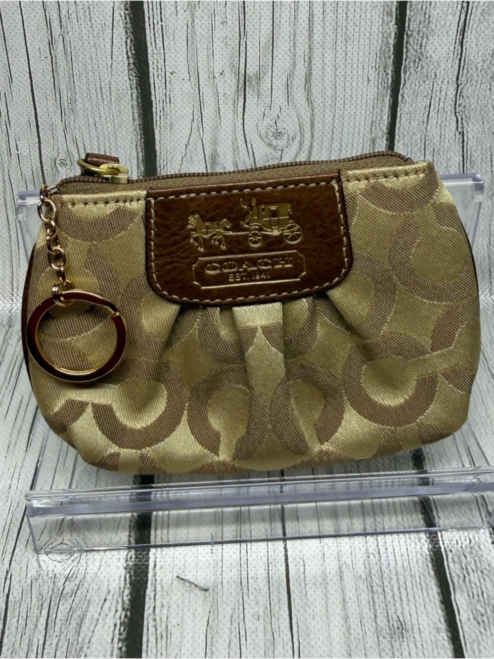 PRE LOVED Coach Coin Purse Signature CC Fabric Leather Carriage Logo Key Chain